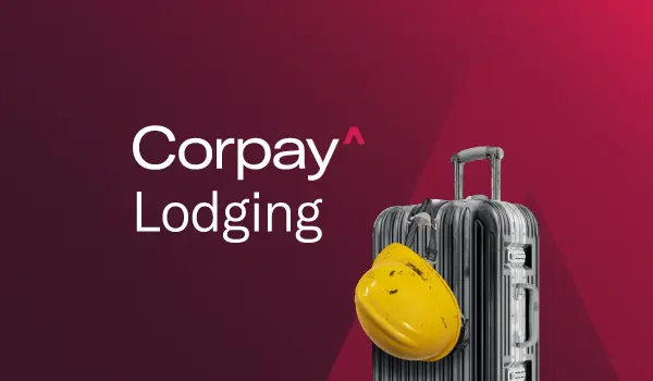 Corpay Lodging logo next to a travel suitcase with a yellow hard hat, symbolizing workforce travel.