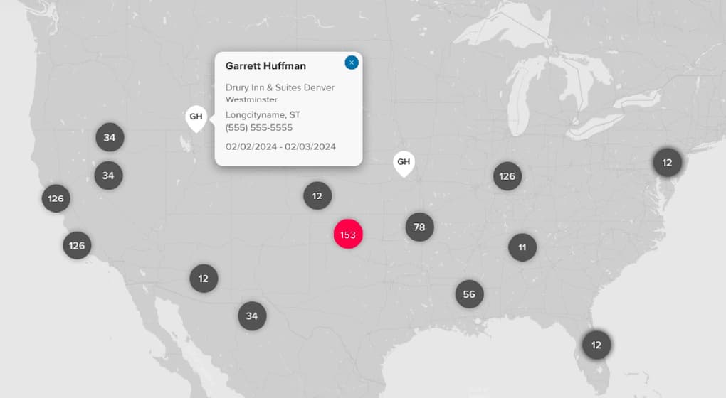 Traveler mapping dashboard displaying real-time location data for duty of care, with a highlighted traveler’s hotel details and booking information on a U.S. map.