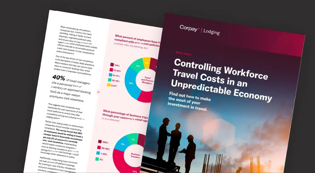Cover and inside page preview of Corpay Lodging white paper titled "Controlling Workforce Travel Costs in an Unpredictable Economy," featuring charts on travel compliance and business travel trends.