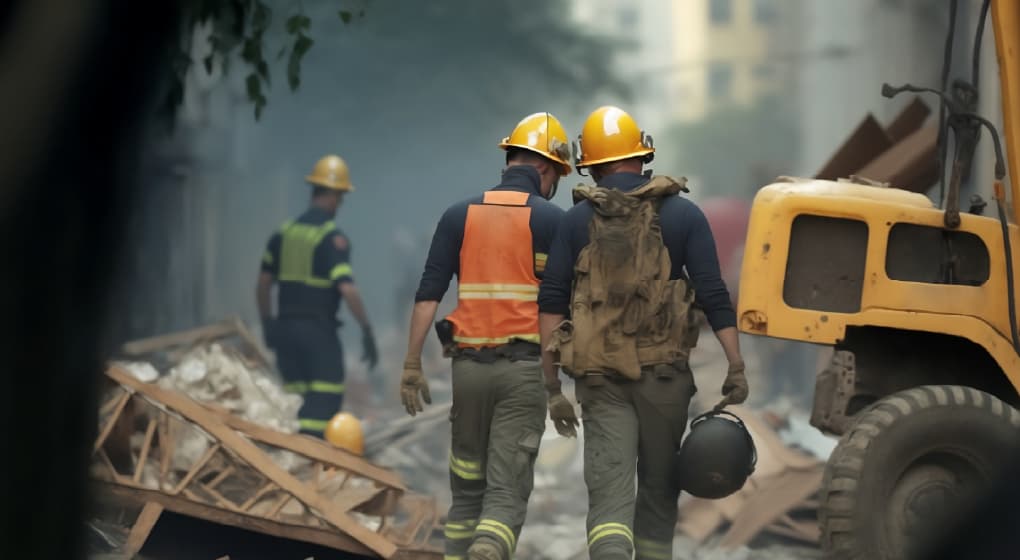 Disaster response workers in safety gear and helmets assessing a site.