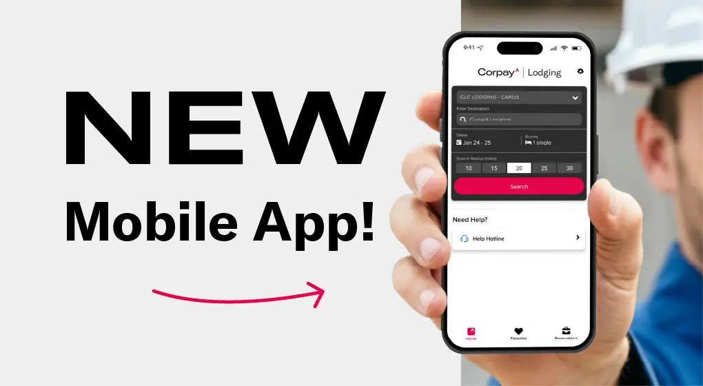 Mobile phone showing the new Corpay Lodging app interface with updated visuals and hotel booking tools.