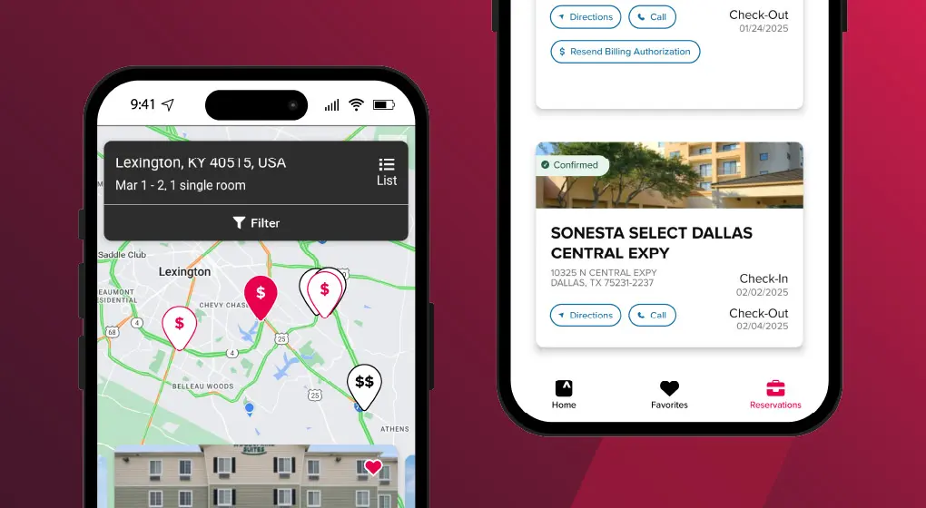 Smartphone displaying the new Corpay Lodging mobile app interface, showcasing hotel search, booking, and travel management features.