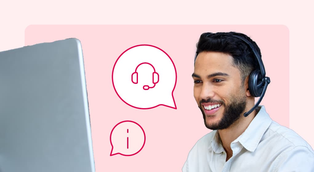 Smiling customer support representative wearing a headset, providing 24/7 assistance for CLC Lodging travelers, with support and information icons in the background.